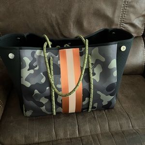 PinkTag Neoprene Camo Tote with removable makeup bag.